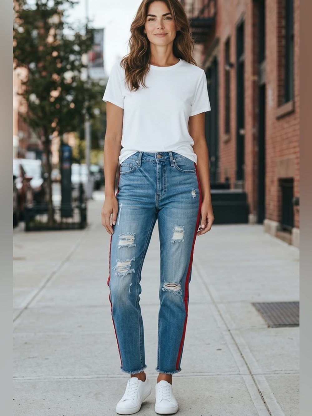 VIP Distressed Skinny Jeans with Red Trim - Picture 2 of 5